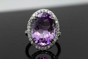 Purple Amethyst Ring with Diamond Halo