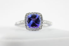 Load image into Gallery viewer, 14kt White gold ring with a genuine 1.61ct cushion cut Tanzanite and .28ct diamonds